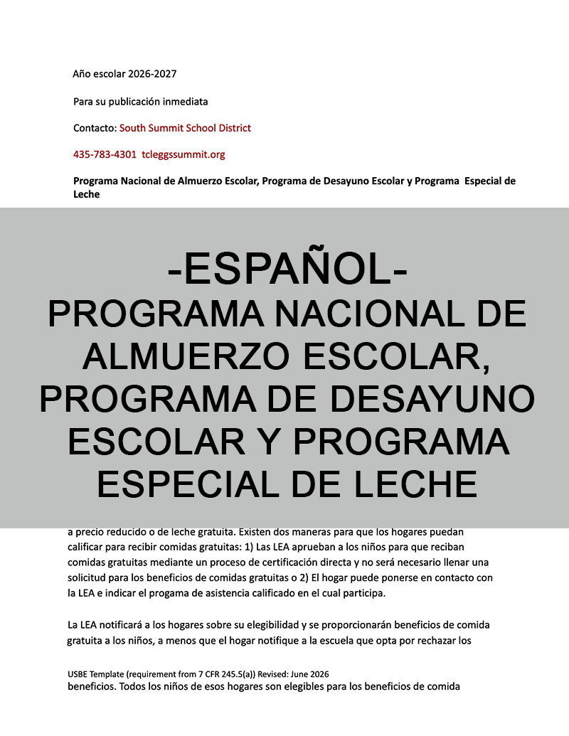 Español-Programa Nacional de Almuerzo Escolar, Programa de Desayuno Escolar y Programa Especial de Leche